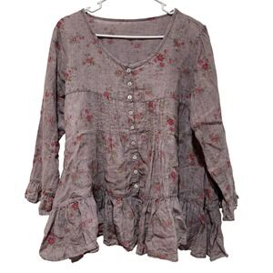 Womens Floral Linen Tunic Top Ruffled Hem Button Front Shirt S M Oversized Boho